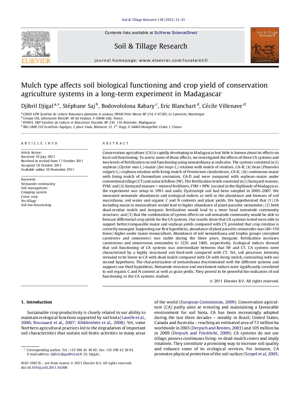 Mulch type affects soil biological functioning and crop yield of conservation agriculture systems in a long-term experiment in Madagascar