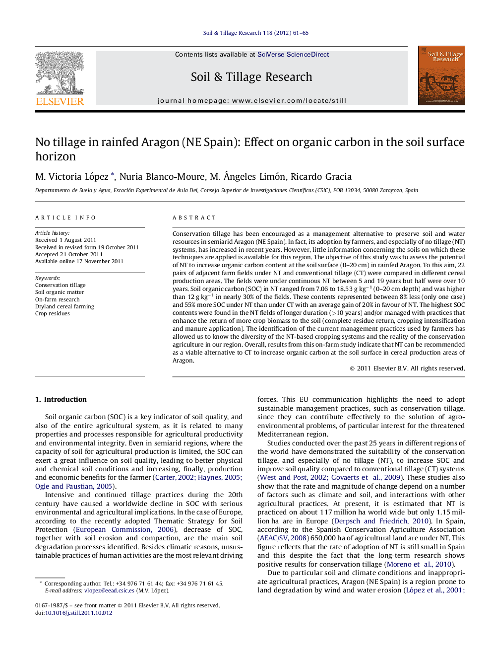 No tillage in rainfed Aragon (NE Spain): Effect on organic carbon in the soil surface horizon