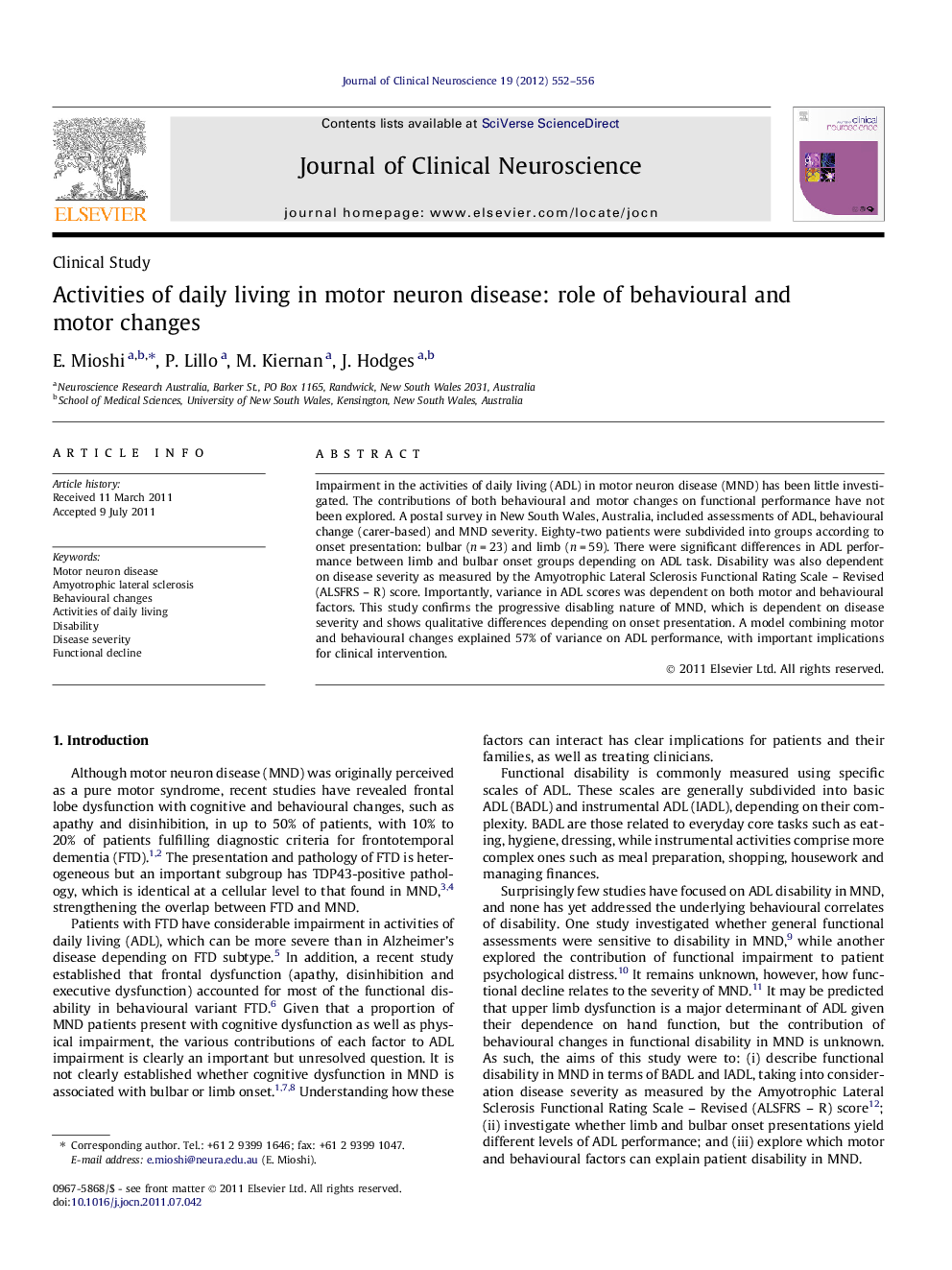 Activities of daily living in motor neuron disease: role of behavioural and motor changes