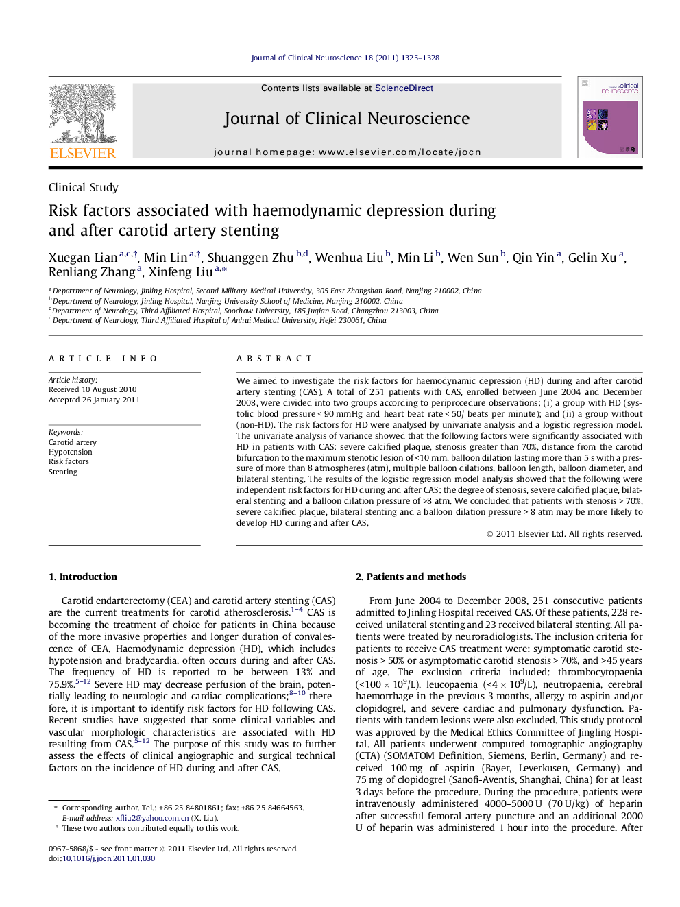 Risk factors associated with haemodynamic depression during and after carotid artery stenting