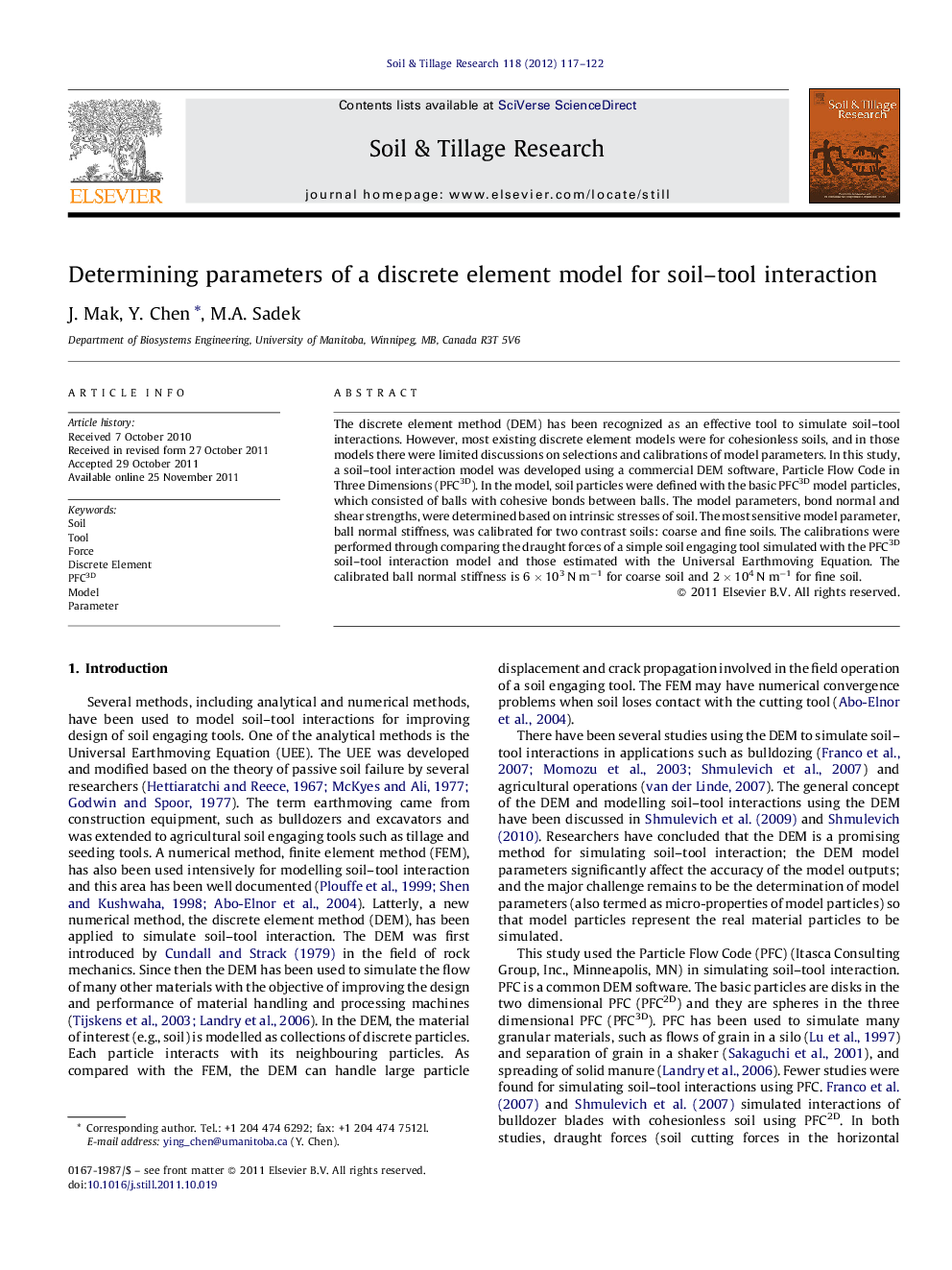 Determining parameters of a discrete element model for soil–tool interaction