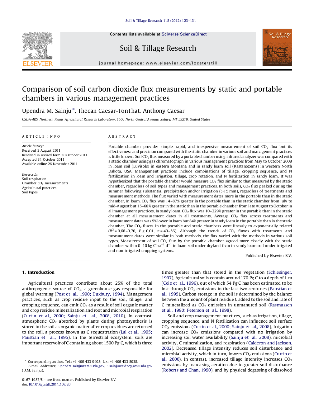 Comparison of soil carbon dioxide flux measurements by static and portable chambers in various management practices