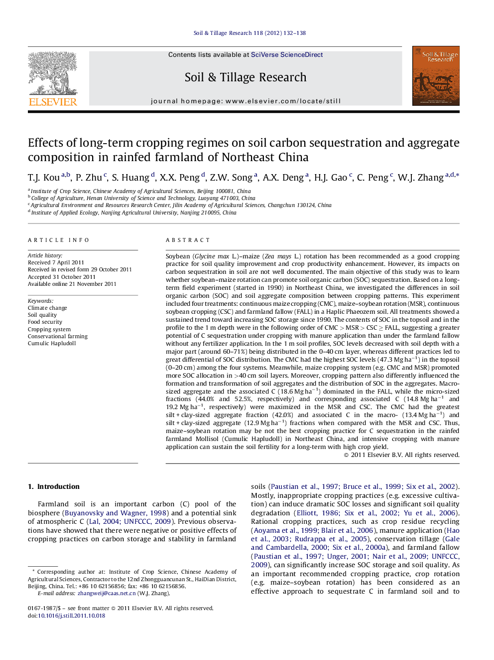 Effects of long-term cropping regimes on soil carbon sequestration and aggregate composition in rainfed farmland of Northeast China