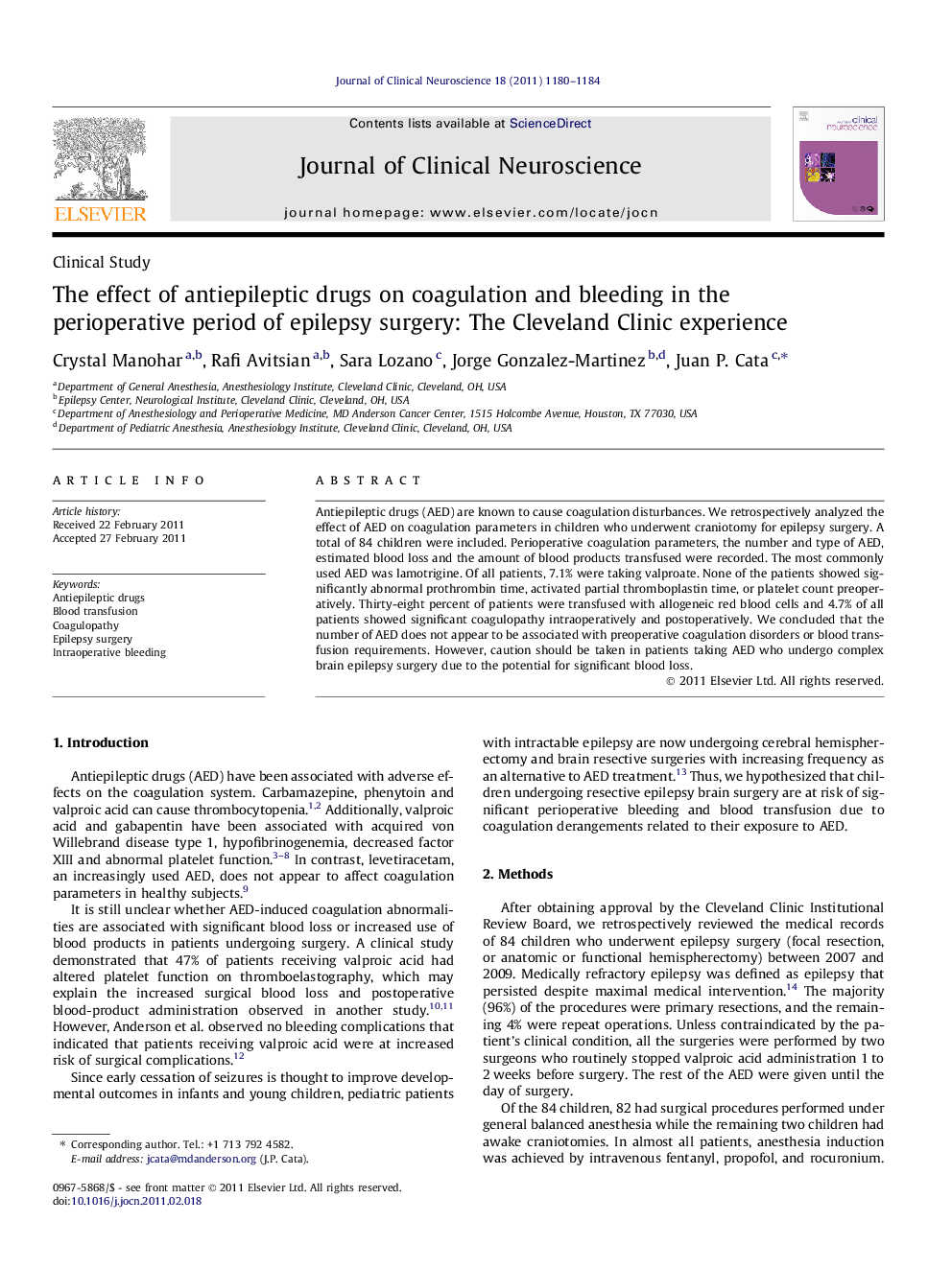 The effect of antiepileptic drugs on coagulation and bleeding in the perioperative period of epilepsy surgery: The Cleveland Clinic experience