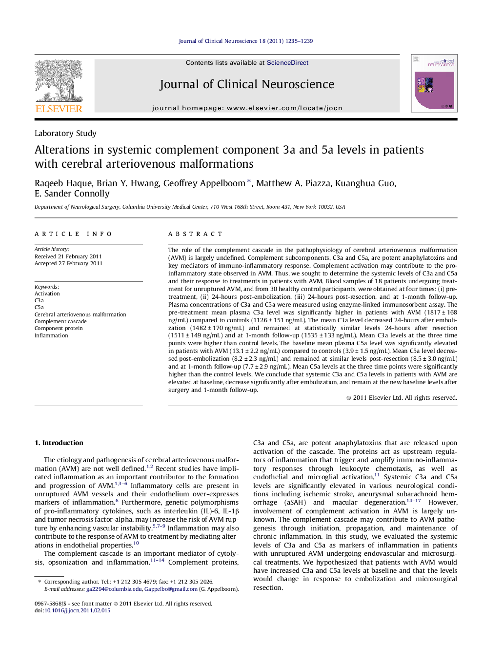 Alterations in systemic complement component 3a and 5a levels in patients with cerebral arteriovenous malformations