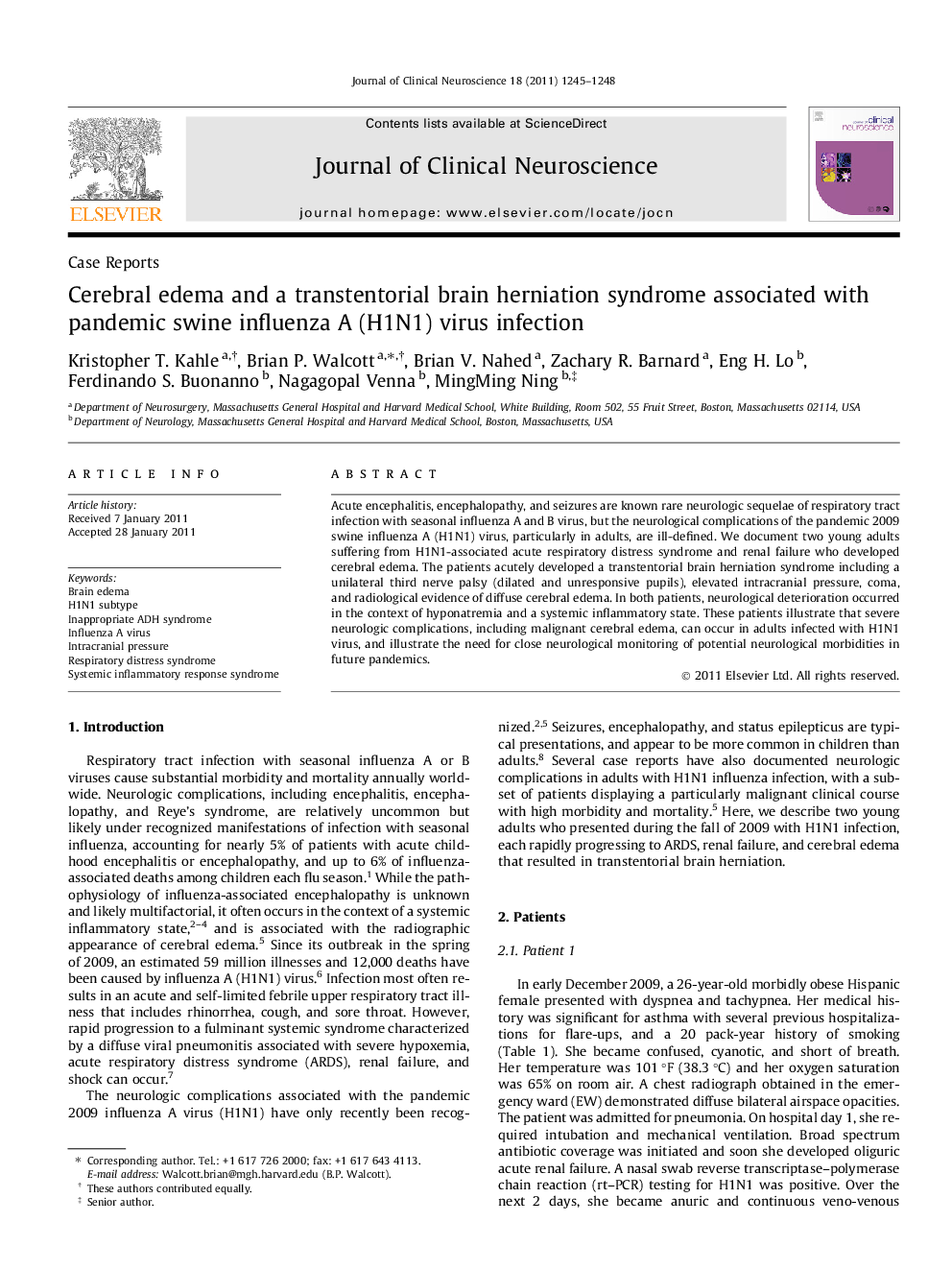 Cerebral edema and a transtentorial brain herniation syndrome associated with pandemic swine influenza A (H1N1) virus infection