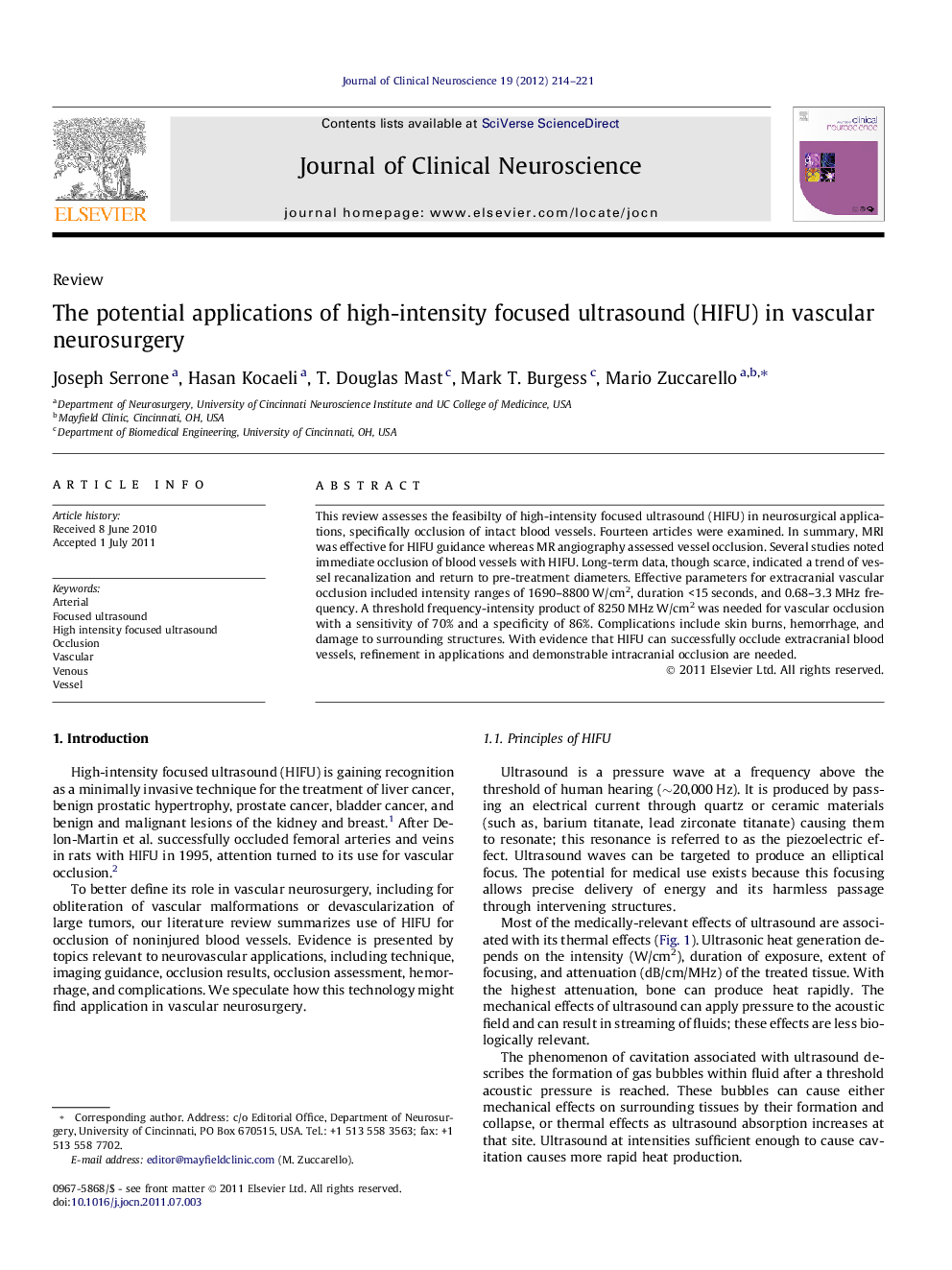 The potential applications of high-intensity focused ultrasound (HIFU) in vascular neurosurgery