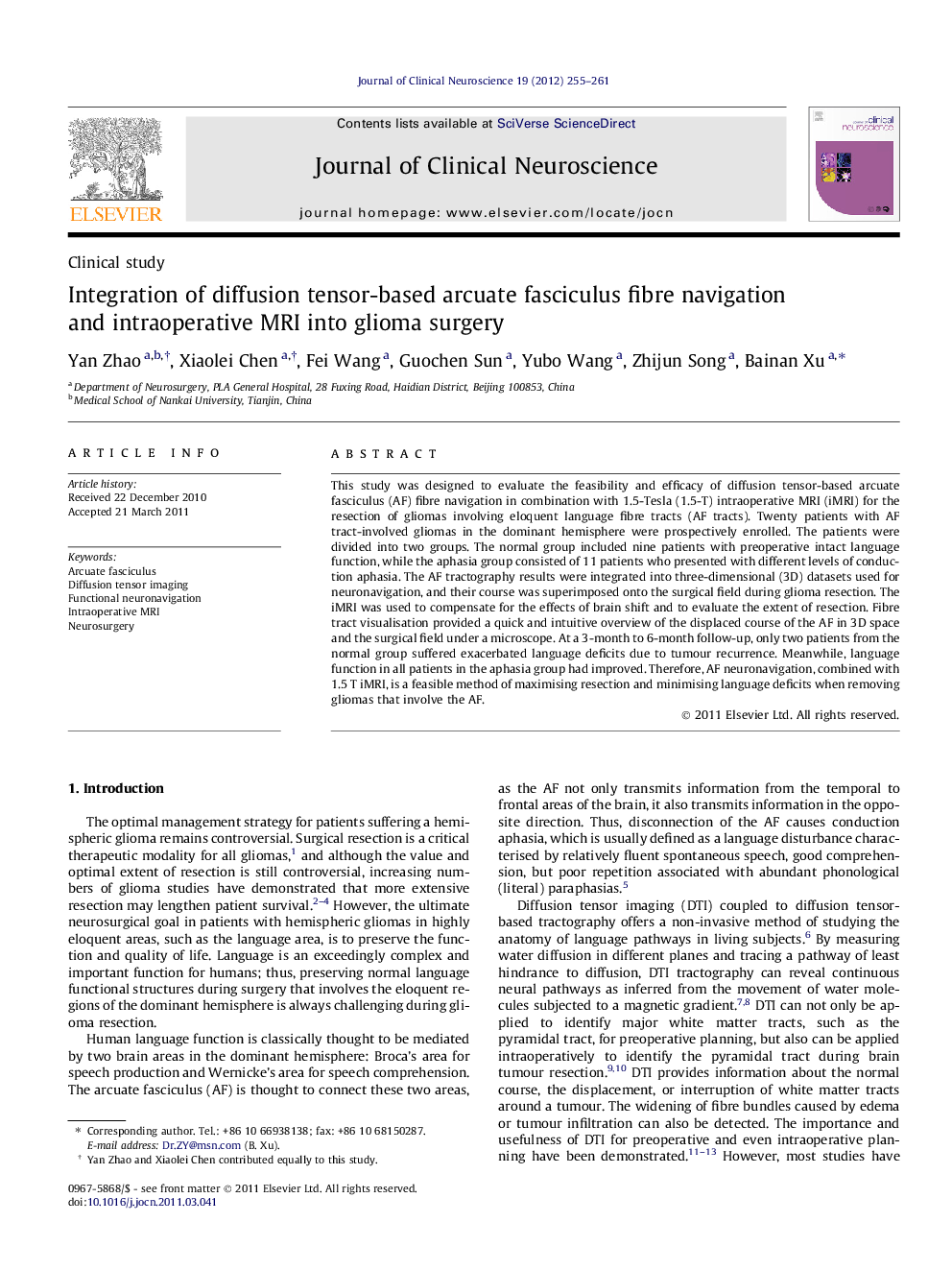 Integration of diffusion tensor-based arcuate fasciculus fibre navigation and intraoperative MRI into glioma surgery