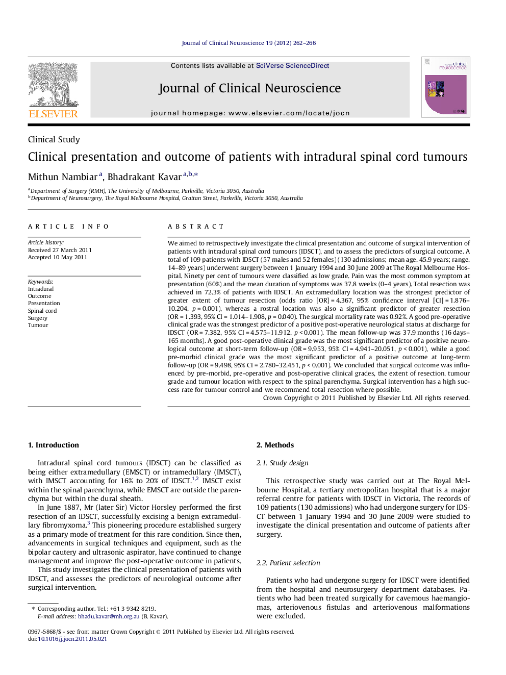 Clinical presentation and outcome of patients with intradural spinal cord tumours