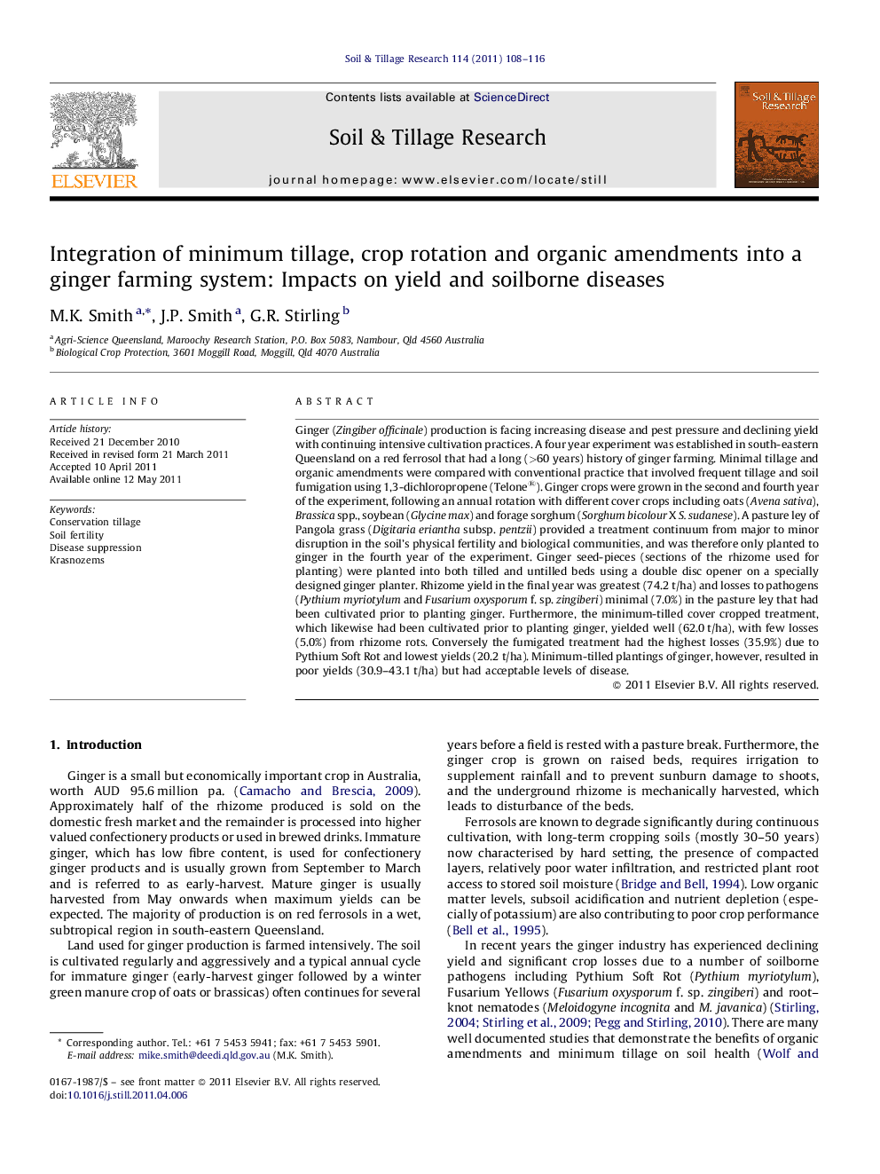 Integration of minimum tillage, crop rotation and organic amendments into a ginger farming system: Impacts on yield and soilborne diseases