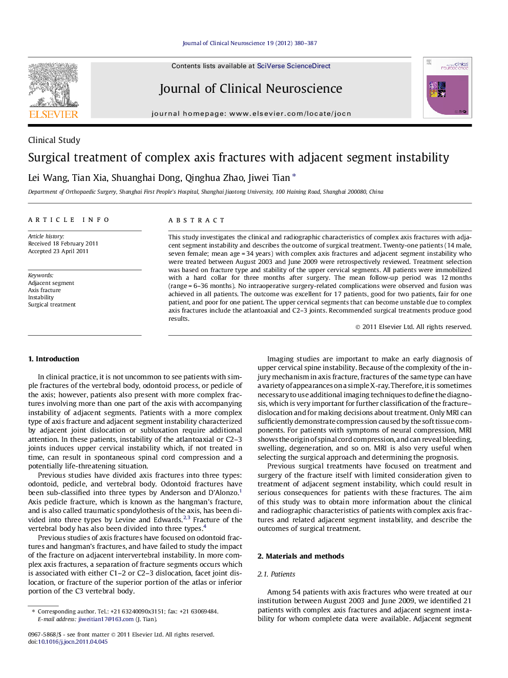 Surgical treatment of complex axis fractures with adjacent segment instability