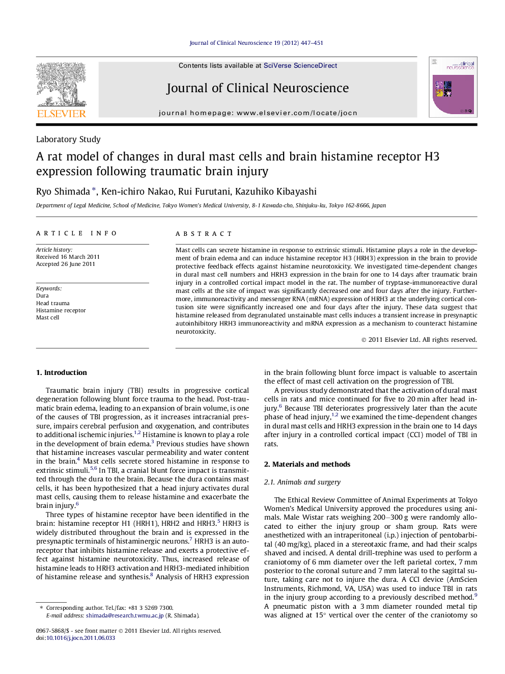 A rat model of changes in dural mast cells and brain histamine receptor H3 expression following traumatic brain injury