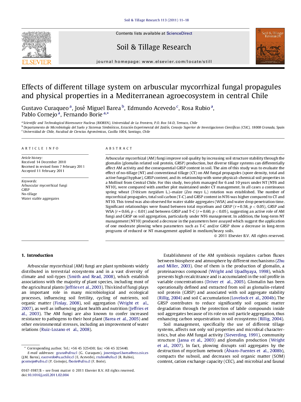 Effects of different tillage system on arbuscular mycorrhizal fungal propagules and physical properties in a Mediterranean agroecosystem in central Chile