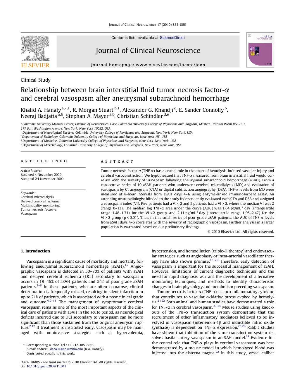 Relationship between brain interstitial fluid tumor necrosis factor-α and cerebral vasospasm after aneurysmal subarachnoid hemorrhage