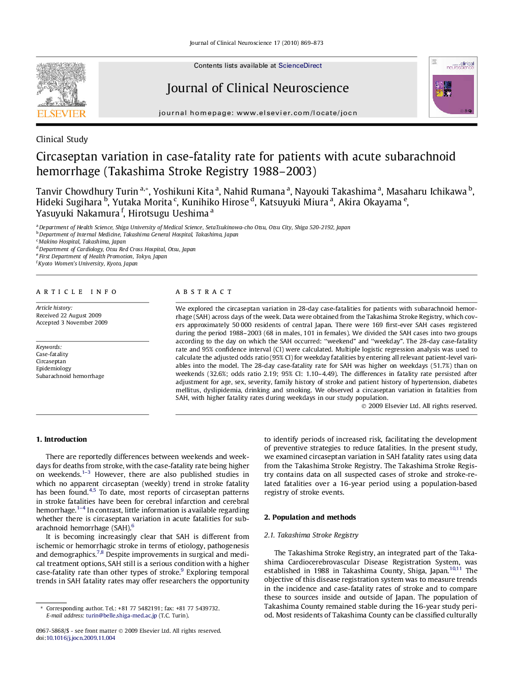 Circaseptan variation in case-fatality rate for patients with acute subarachnoid hemorrhage (Takashima Stroke Registry 1988–2003)