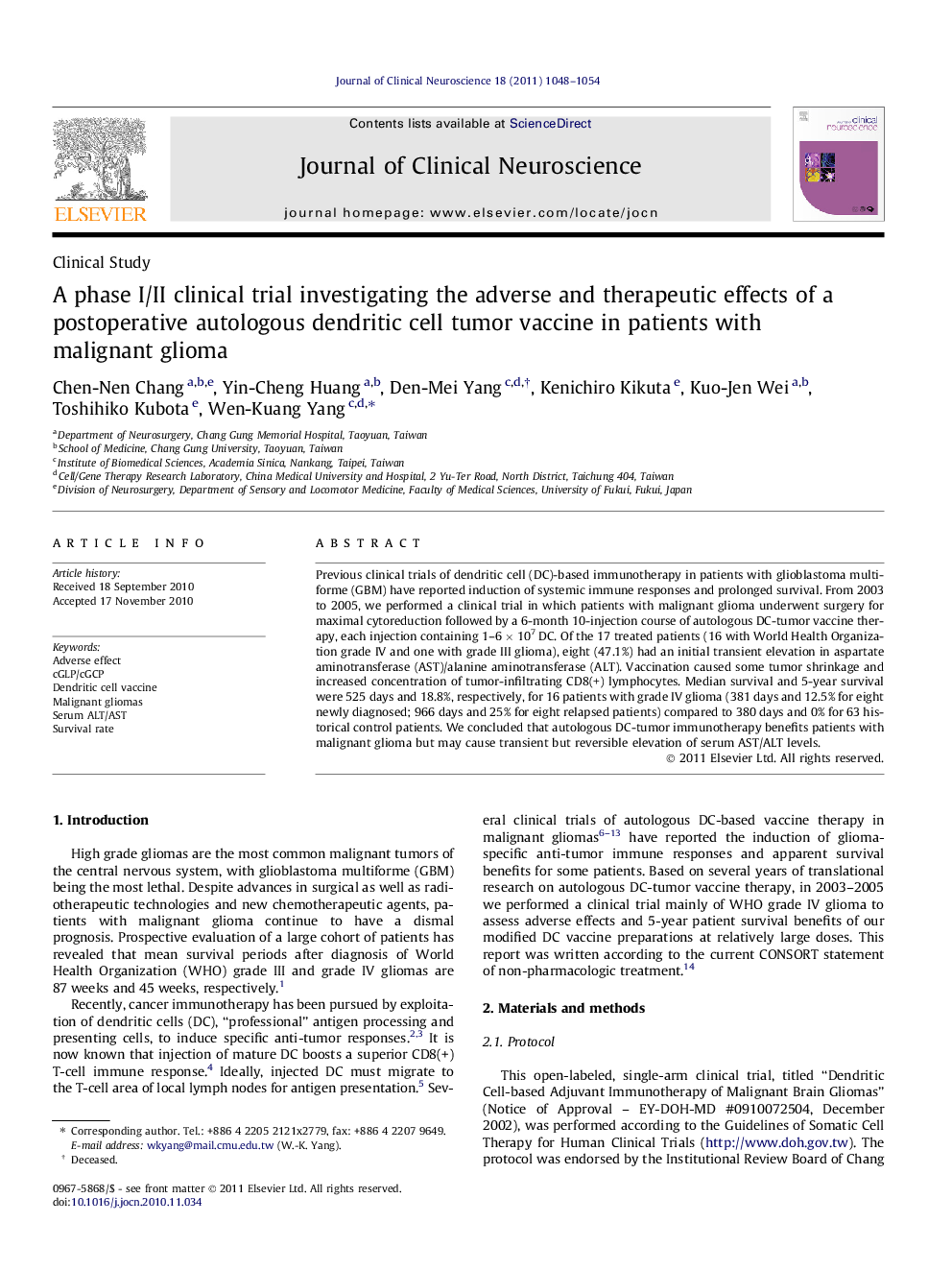 A phase I/II clinical trial investigating the adverse and therapeutic effects of a postoperative autologous dendritic cell tumor vaccine in patients with malignant glioma