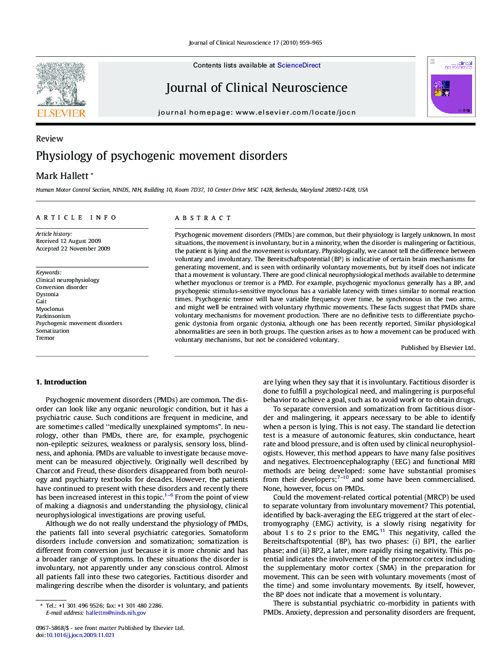 Physiology of psychogenic movement disorders