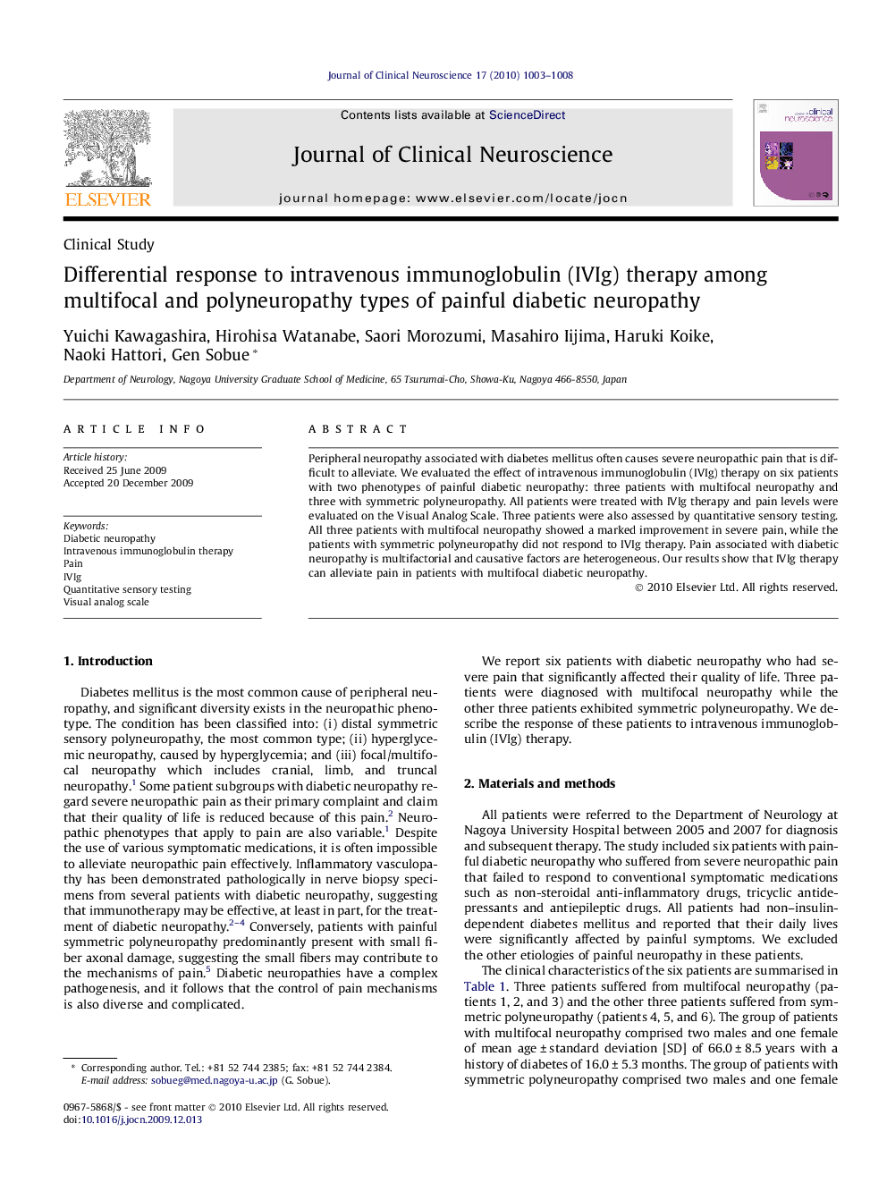 Differential response to intravenous immunoglobulin (IVIg) therapy among multifocal and polyneuropathy types of painful diabetic neuropathy