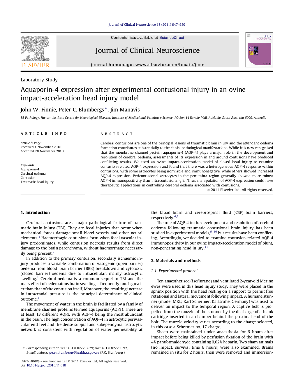 Aquaporin-4 expression after experimental contusional injury in an ovine impact-acceleration head injury model