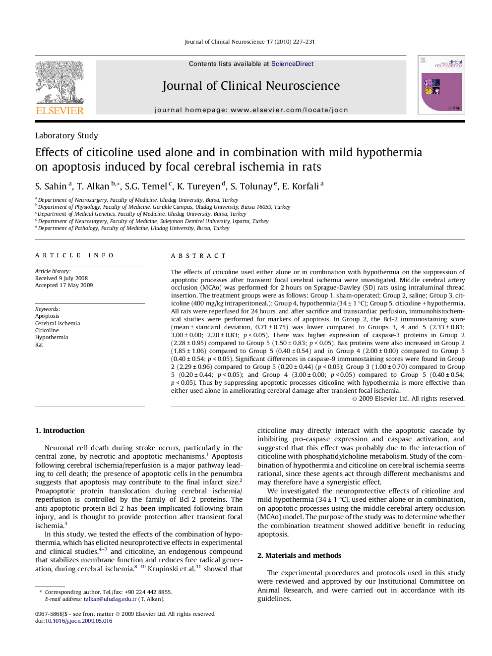 Effects of citicoline used alone and in combination with mild hypothermia on apoptosis induced by focal cerebral ischemia in rats