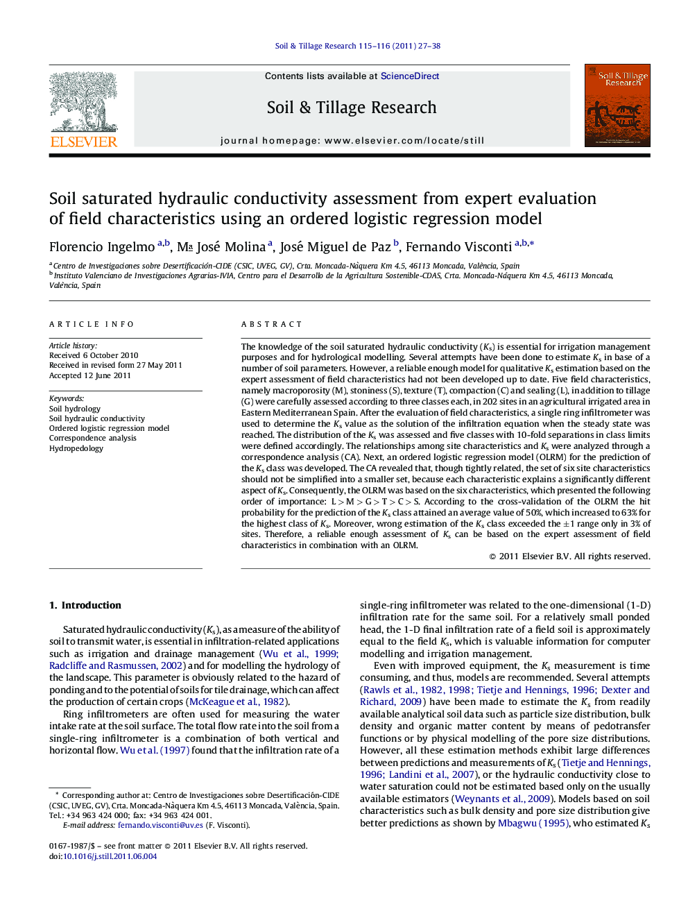 Soil saturated hydraulic conductivity assessment from expert evaluation of field characteristics using an ordered logistic regression model