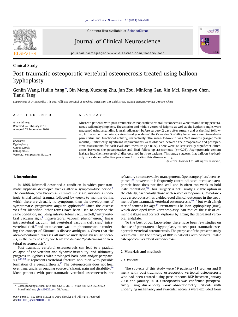 Post-traumatic osteoporotic vertebral osteonecrosis treated using balloon kyphoplasty