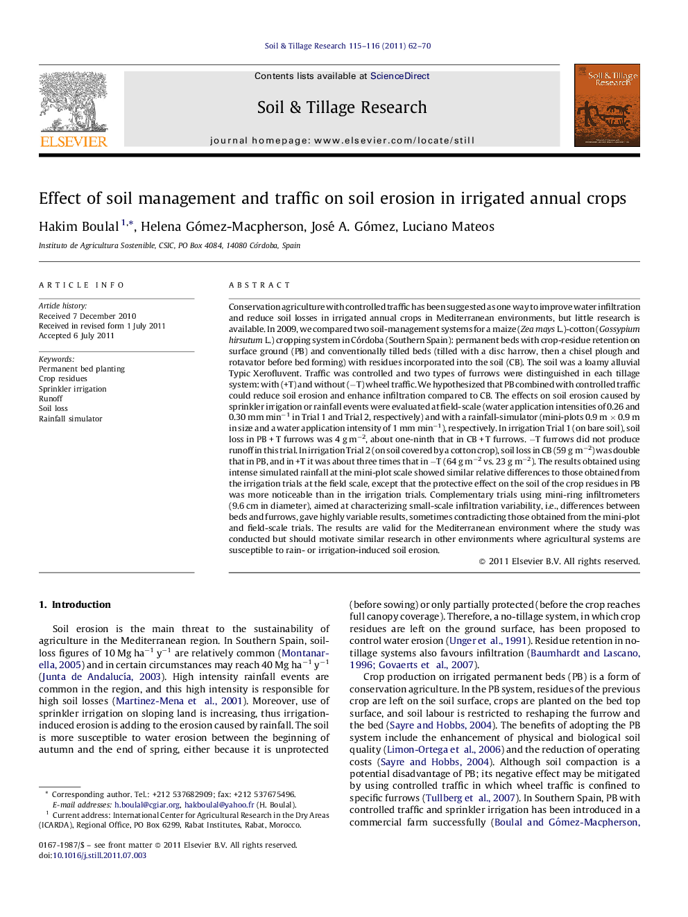 Effect of soil management and traffic on soil erosion in irrigated annual crops