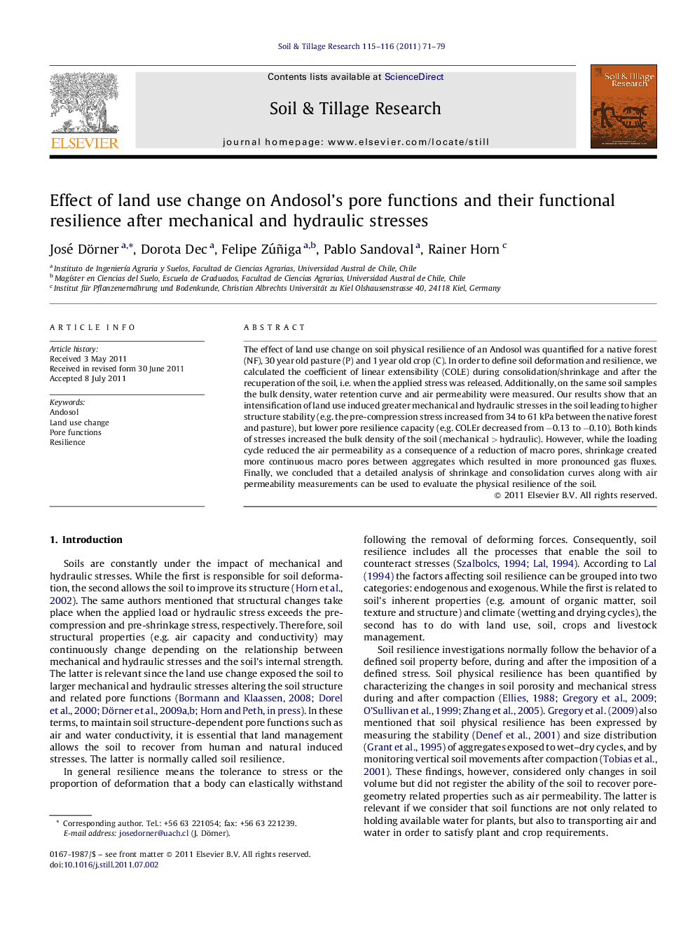 Effect of land use change on Andosol's pore functions and their functional resilience after mechanical and hydraulic stresses