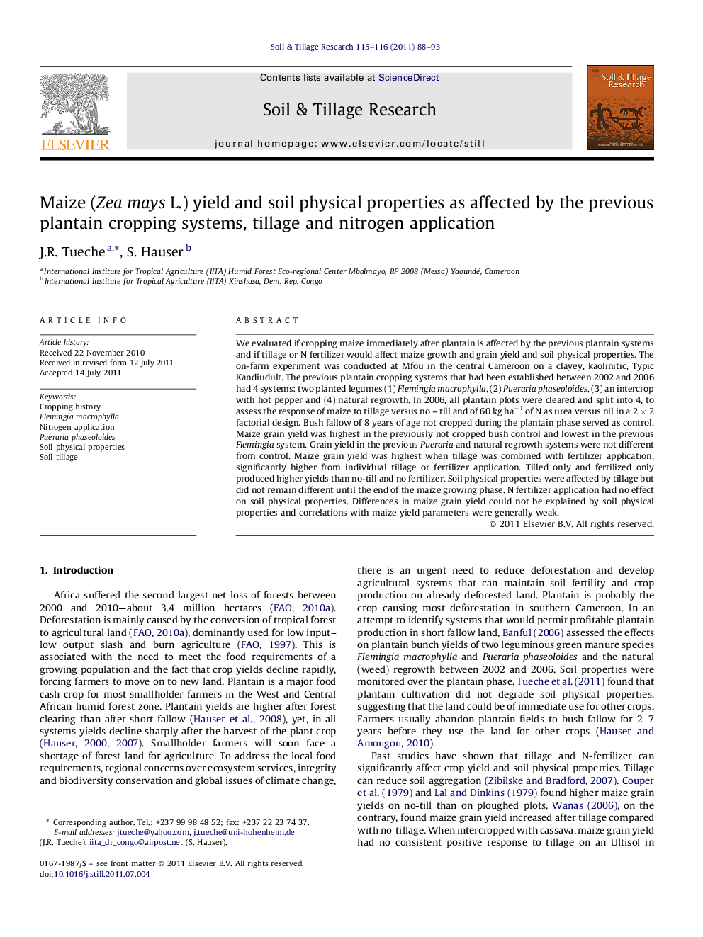 Maize (Zea mays L.) yield and soil physical properties as affected by the previous plantain cropping systems, tillage and nitrogen application