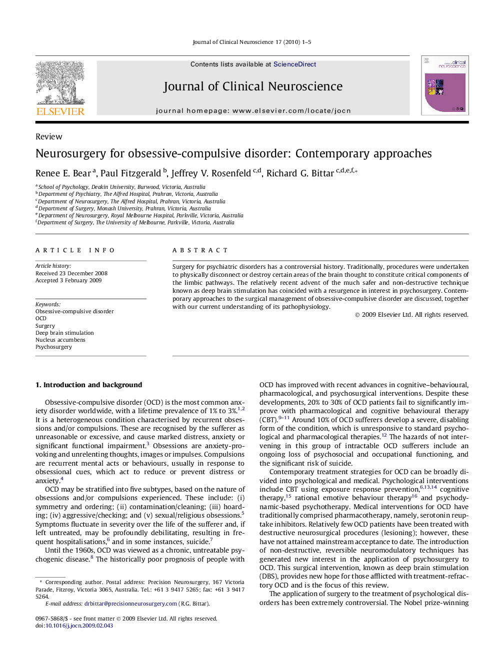 Neurosurgery for obsessive-compulsive disorder: Contemporary approaches