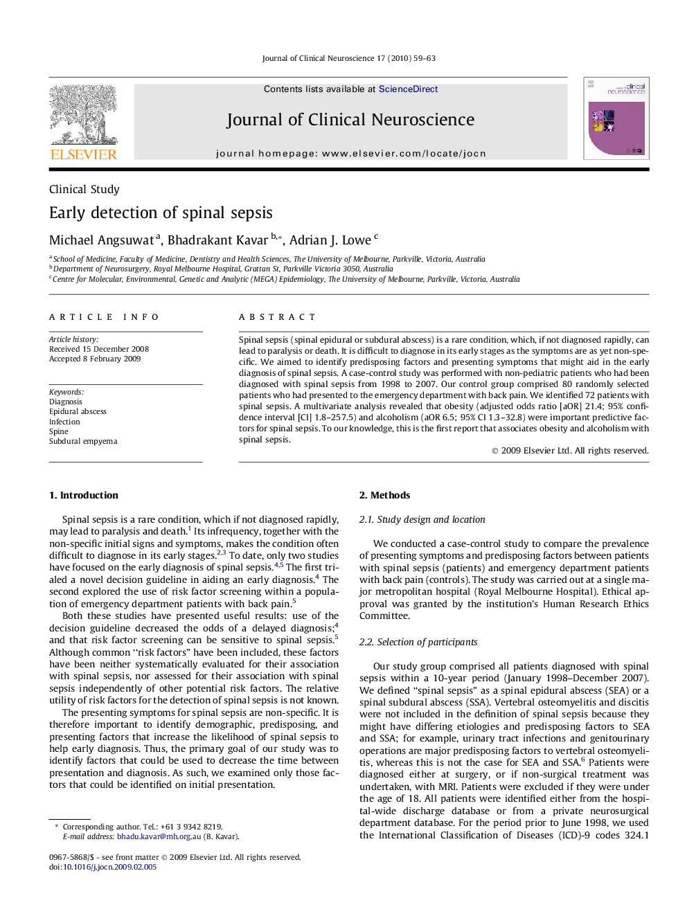 Early detection of spinal sepsis