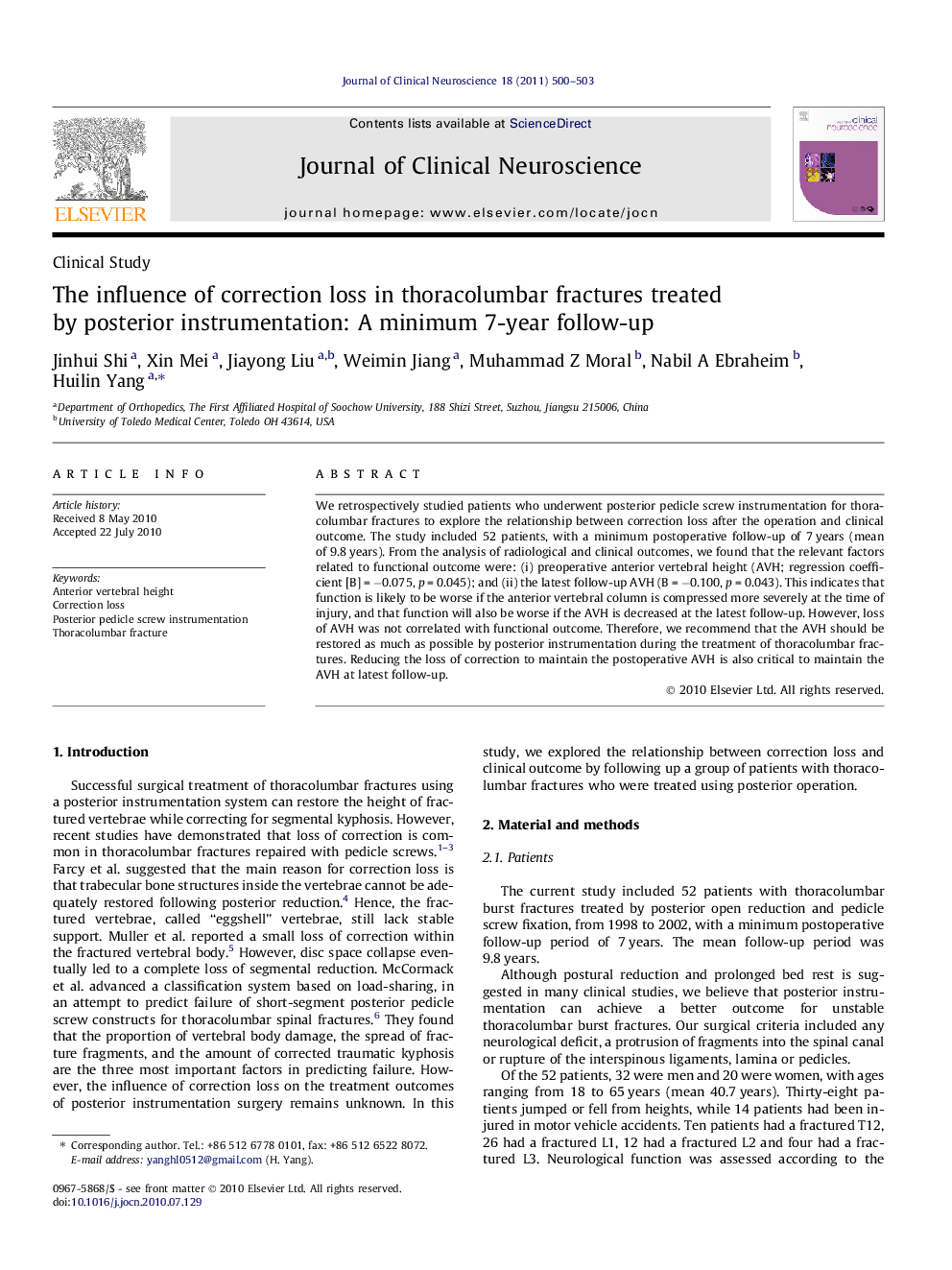 The influence of correction loss in thoracolumbar fractures treated by posterior instrumentation: A minimum 7-year follow-up