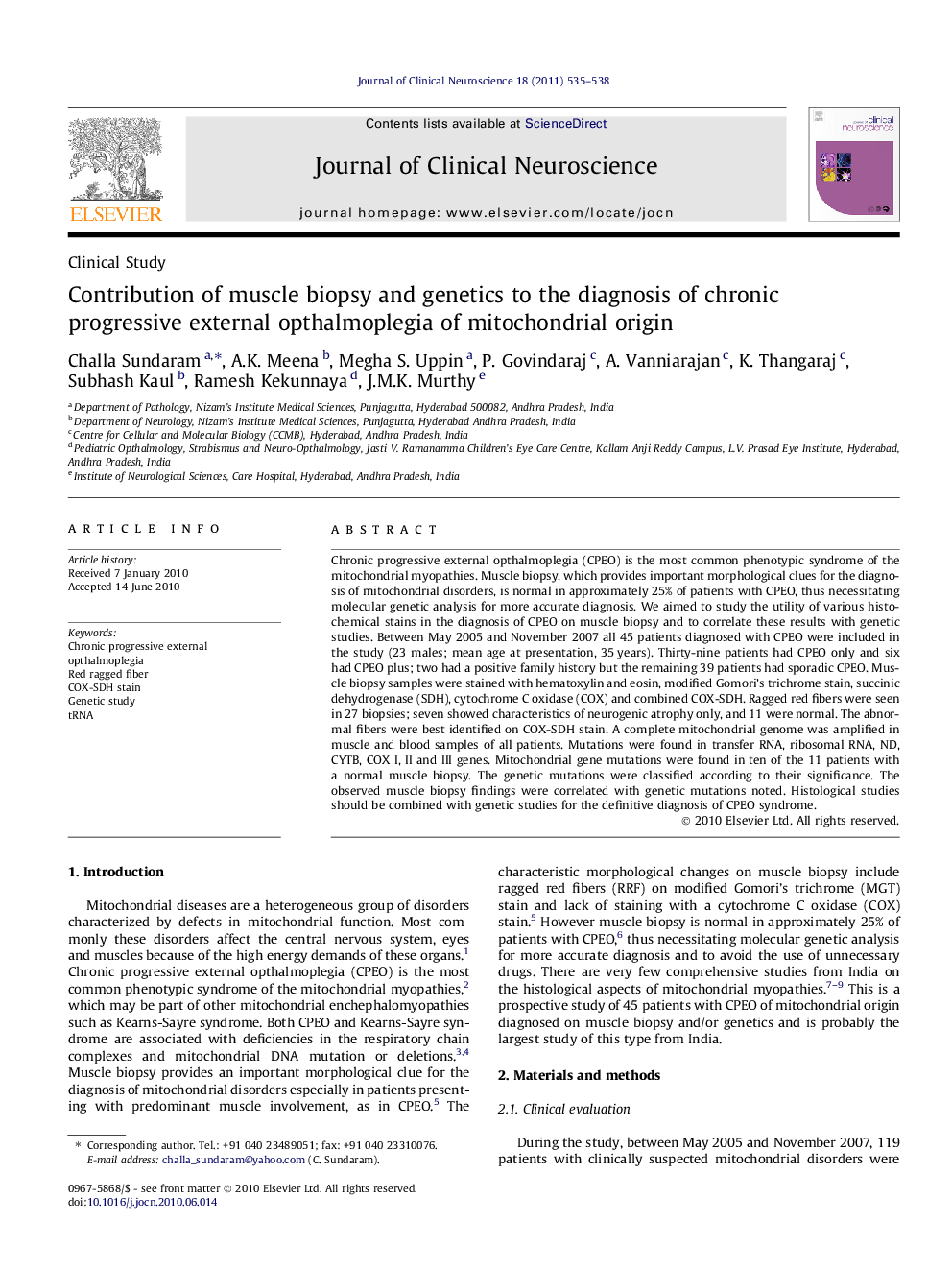 Contribution of muscle biopsy and genetics to the diagnosis of chronic progressive external opthalmoplegia of mitochondrial origin