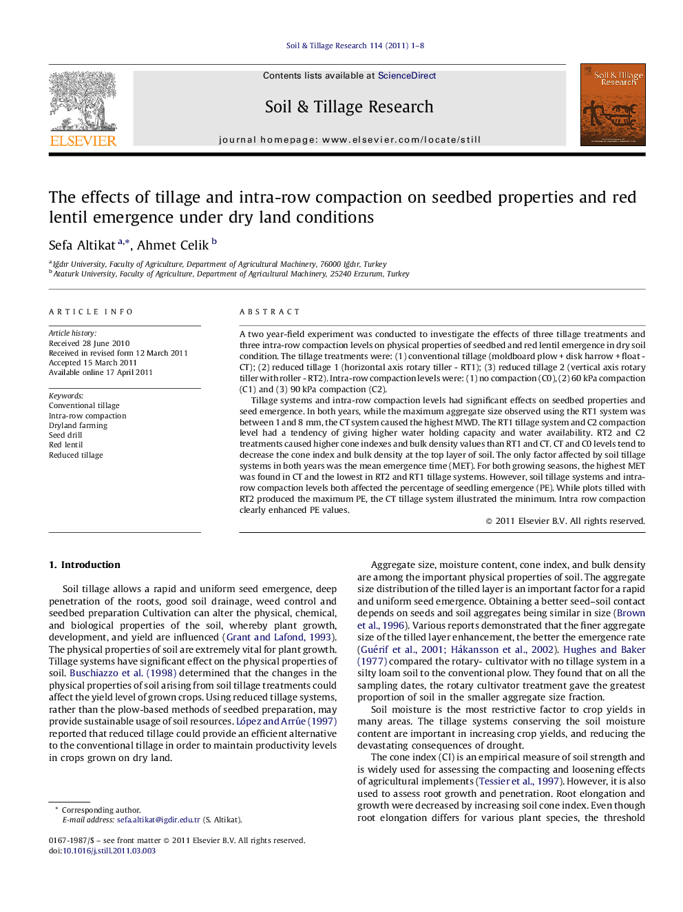 The effects of tillage and intra-row compaction on seedbed properties and red lentil emergence under dry land conditions