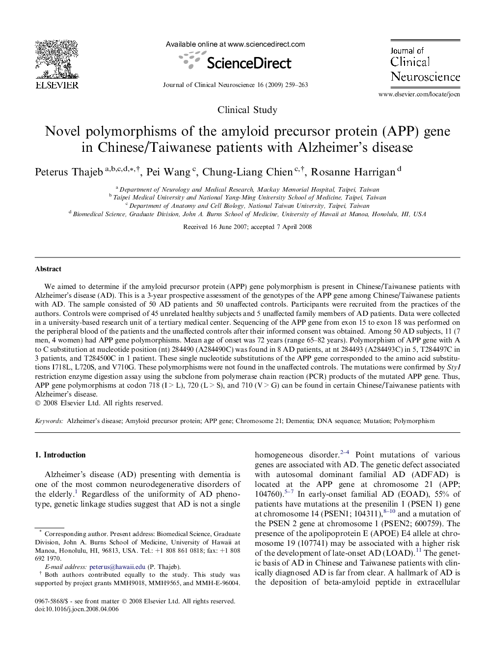 Novel polymorphisms of the amyloid precursor protein (APP) gene in Chinese/Taiwanese patients with Alzheimer’s disease