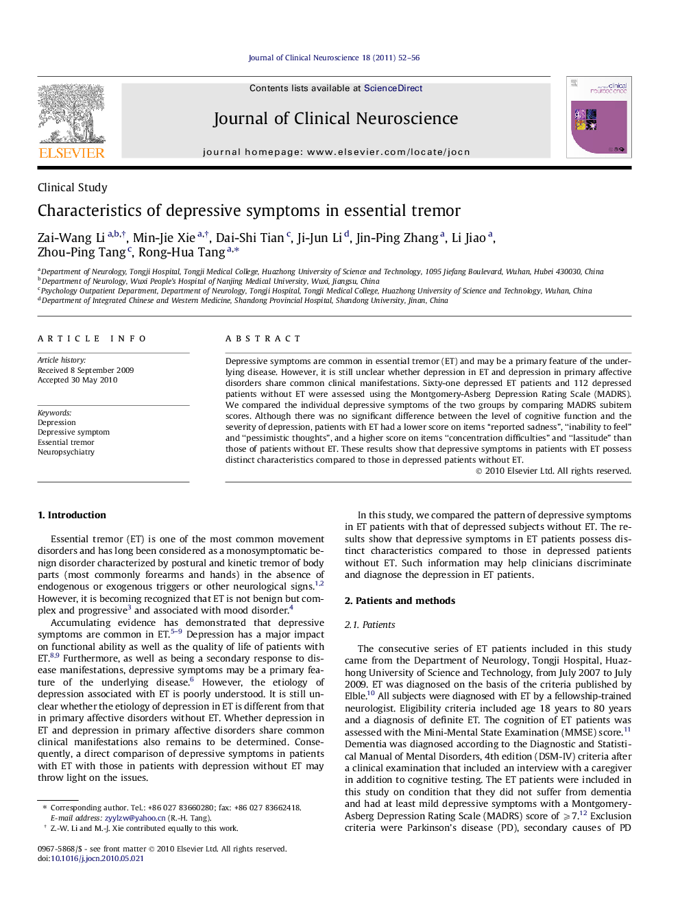 Characteristics of depressive symptoms in essential tremor