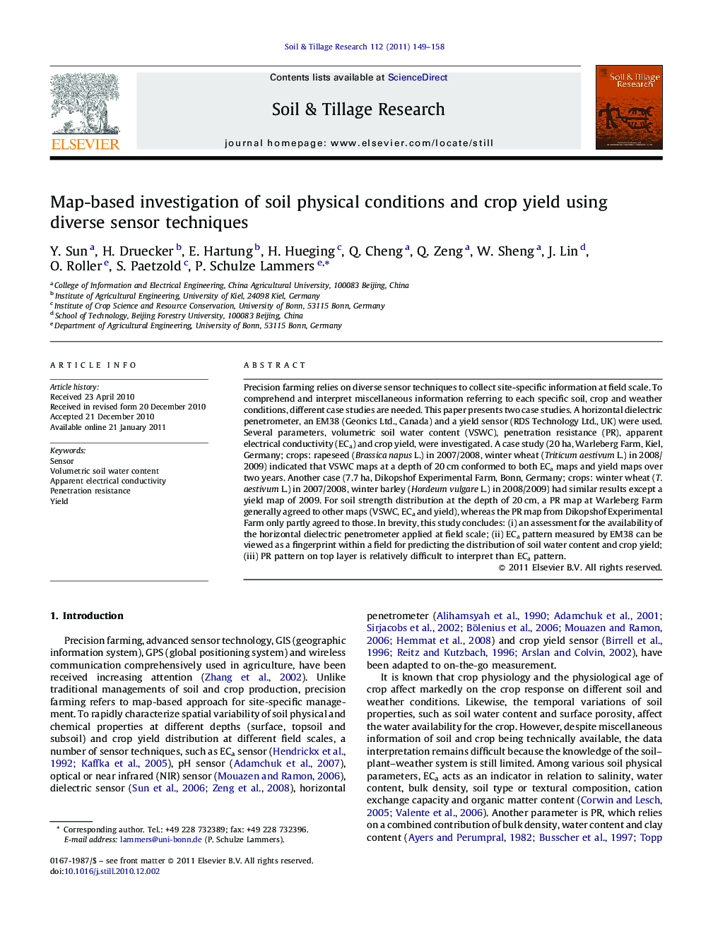 Map-based investigation of soil physical conditions and crop yield using diverse sensor techniques