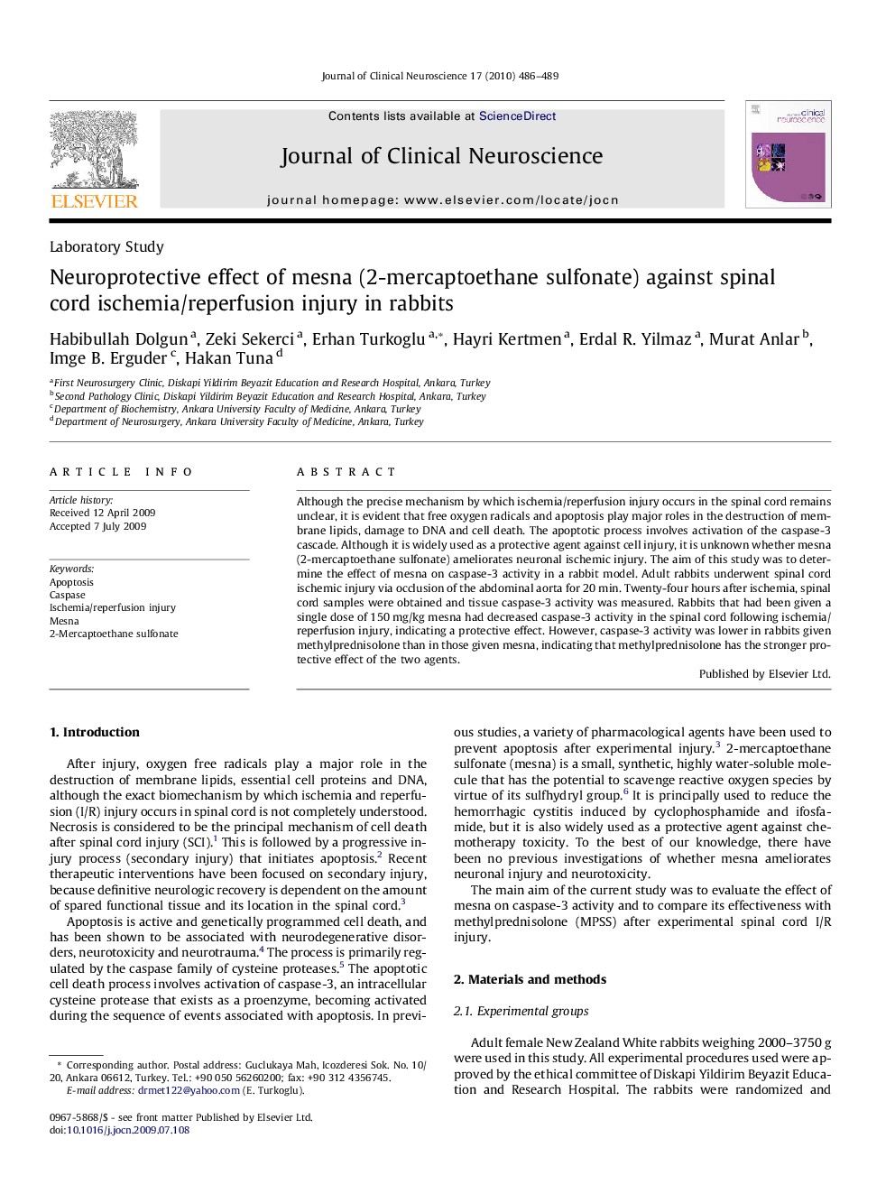 Neuroprotective effect of mesna (2-mercaptoethane sulfonate) against spinal cord ischemia/reperfusion injury in rabbits