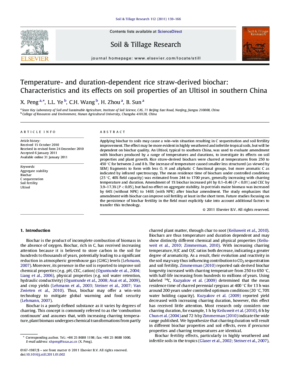 Temperature- and duration-dependent rice straw-derived biochar: Characteristics and its effects on soil properties of an Ultisol in southern China