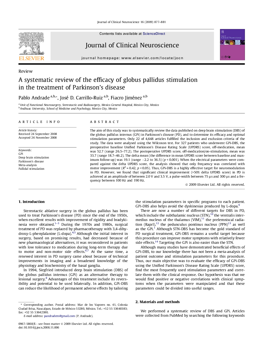 A systematic review of the efficacy of globus pallidus stimulation in the treatment of Parkinson's disease