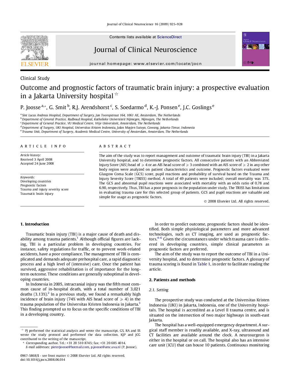 Outcome and prognostic factors of traumatic brain injury: a prospective evaluation in a Jakarta University hospital 