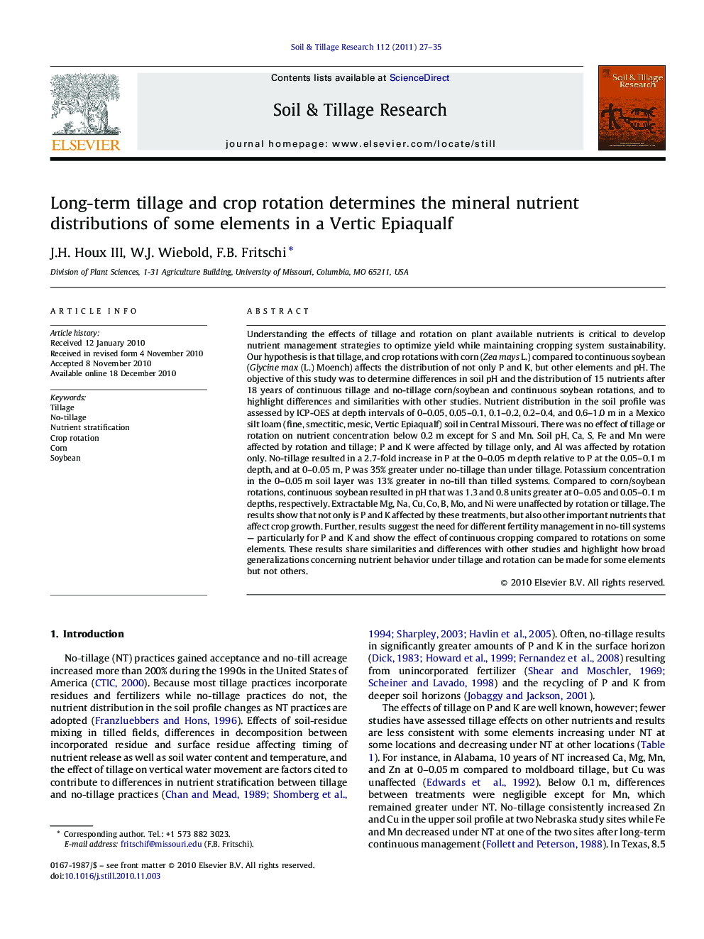 Long-term tillage and crop rotation determines the mineral nutrient distributions of some elements in a Vertic Epiaqualf