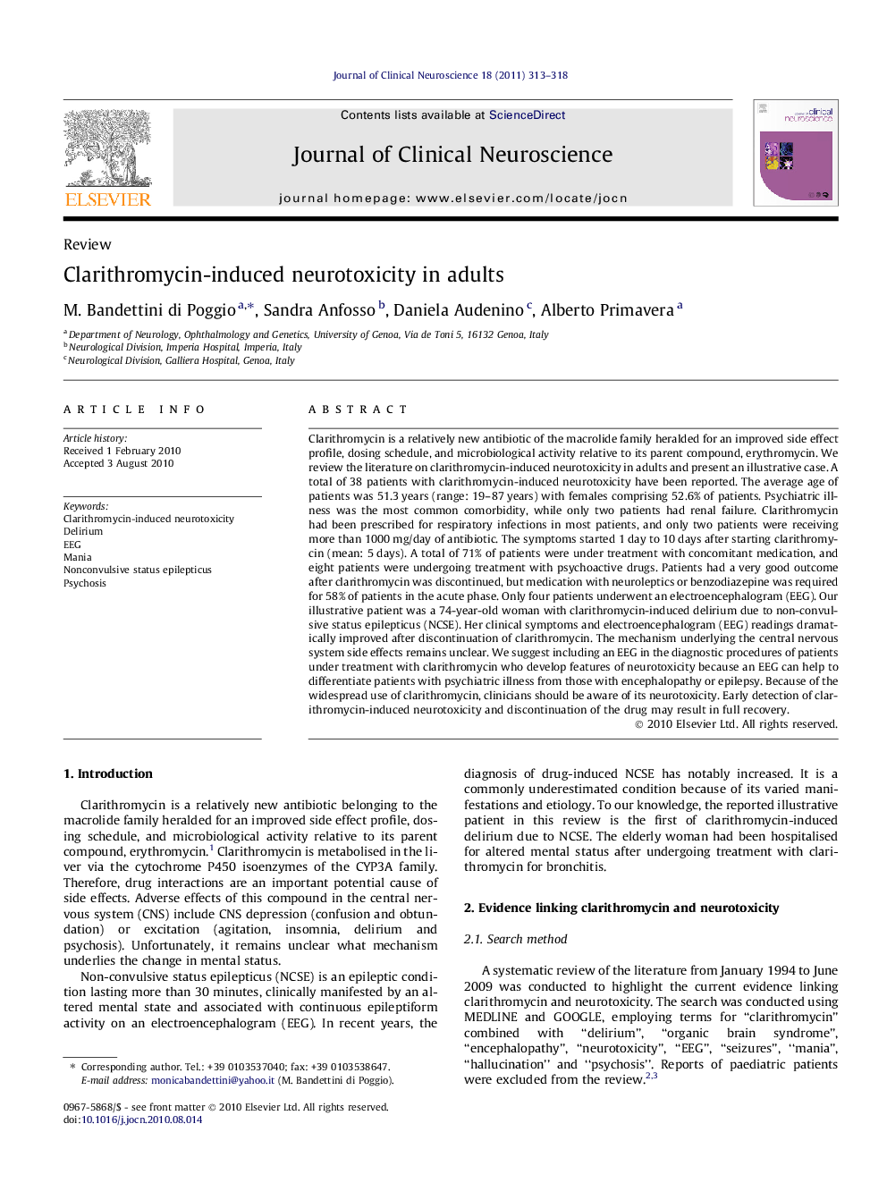 Clarithromycin-induced neurotoxicity in adults