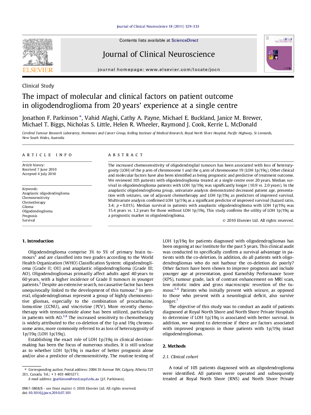 The impact of molecular and clinical factors on patient outcome in oligodendroglioma from 20 years’ experience at a single centre