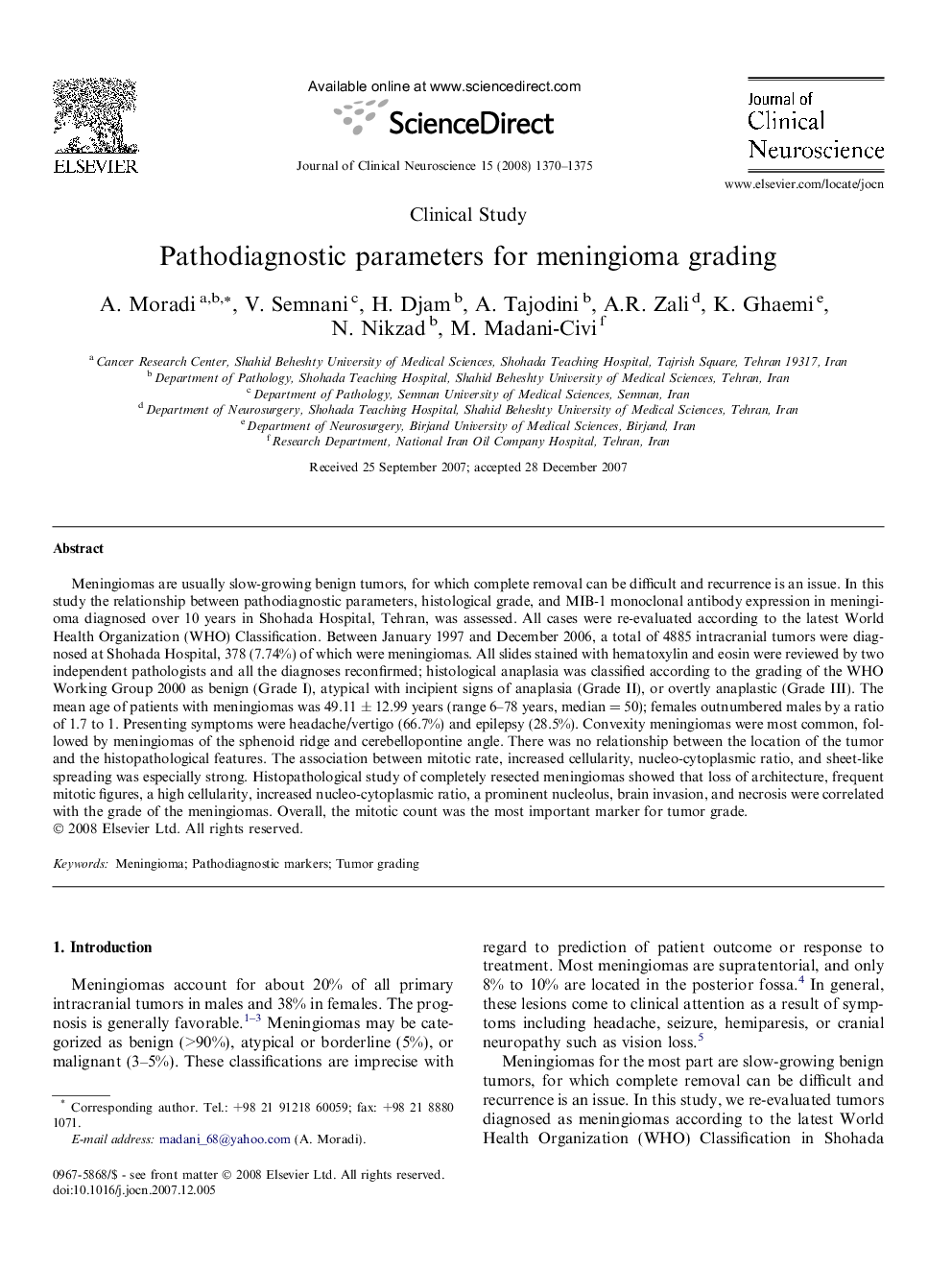 Pathodiagnostic parameters for meningioma grading