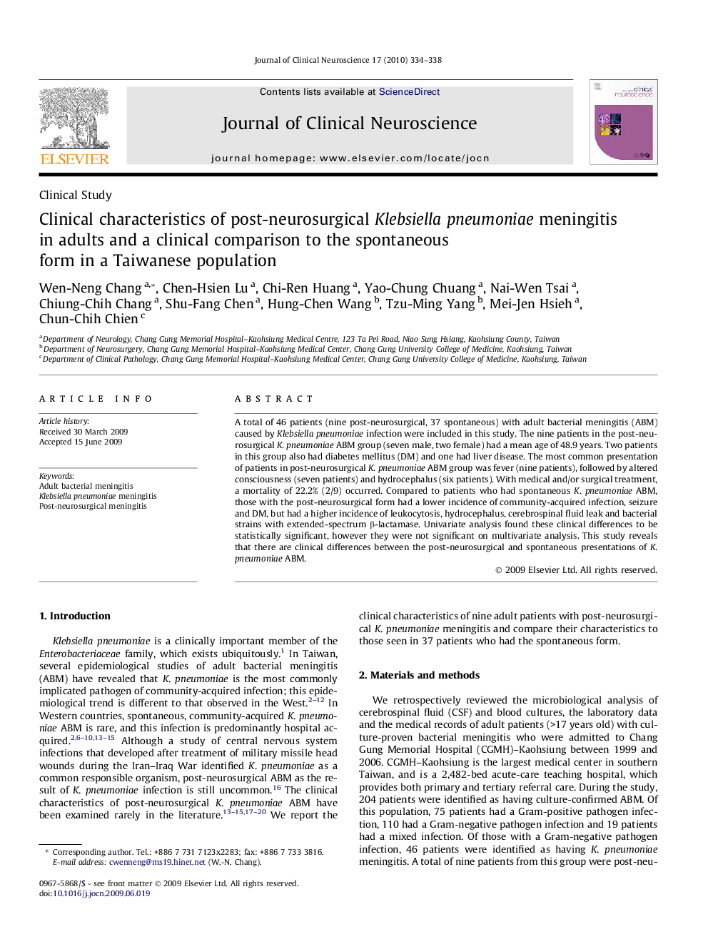 Clinical characteristics of post-neurosurgical Klebsiella pneumoniae meningitis in adults and a clinical comparison to the spontaneous form in a Taiwanese population