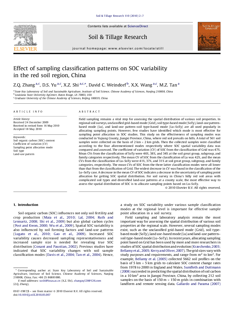 Effect of sampling classification patterns on SOC variability in the red soil region, China