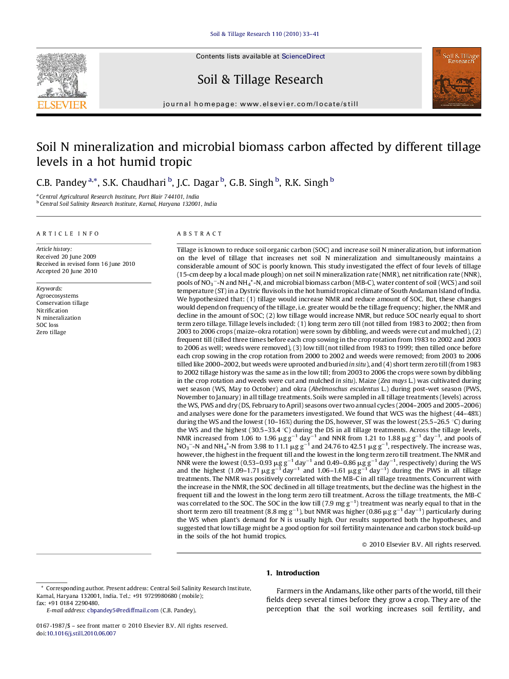 Soil N mineralization and microbial biomass carbon affected by different tillage levels in a hot humid tropic