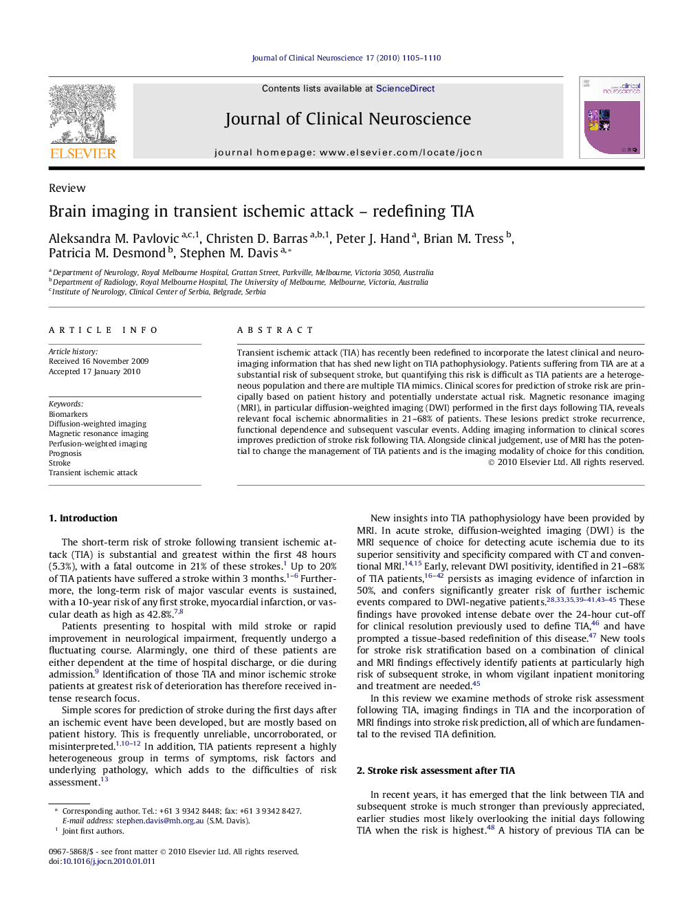 Brain imaging in transient ischemic attack – redefining TIA