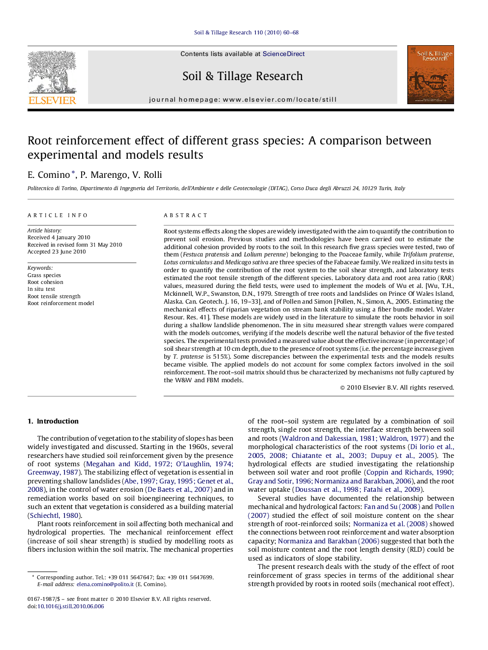 Root reinforcement effect of different grass species: A comparison between experimental and models results